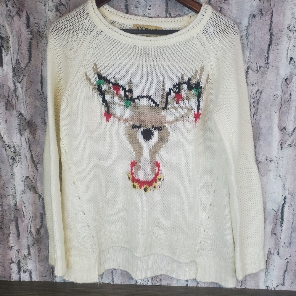 Democracy Christmas Reindeer Sweater Ivory Size Medium Bishop Sleeve - Oversized